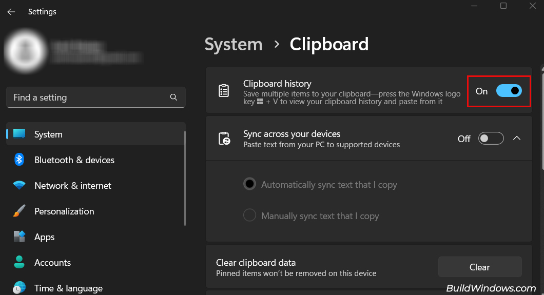 Toggle on Clipboard History