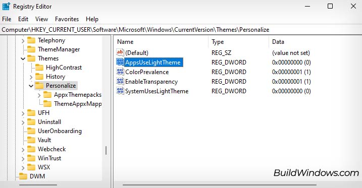 appuseslighttheme registry entry