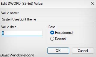 change systemuseslighttheme value to 0