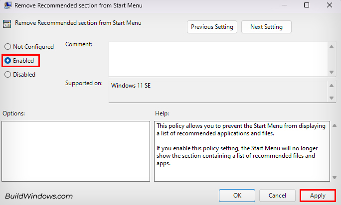 enable remove recommended section from start menu