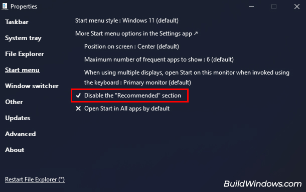 explorer patcher disable the recommended section