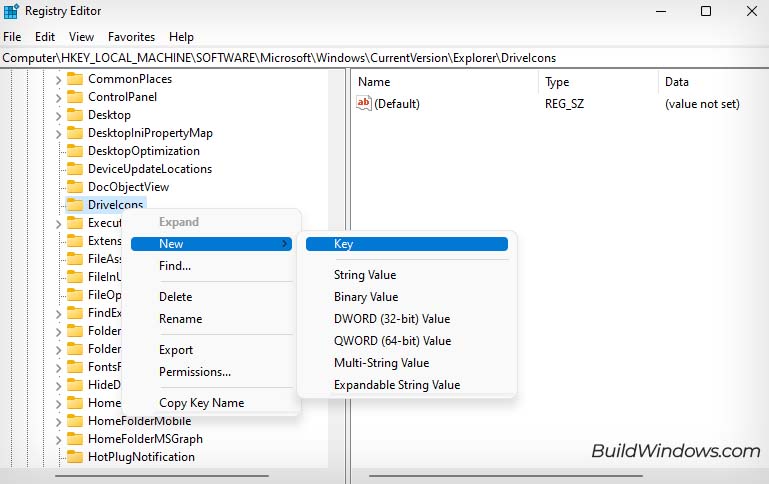 new registry key in driveicons key