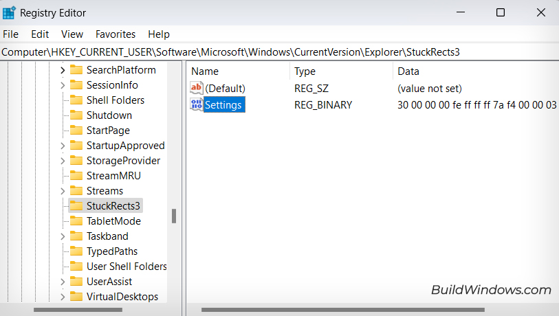 registry stuckrects3 key settings entry