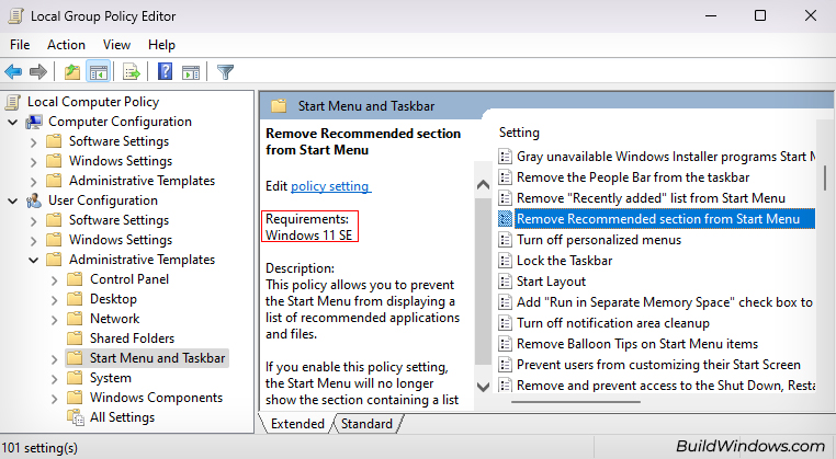 remove recommended section from start menu policy