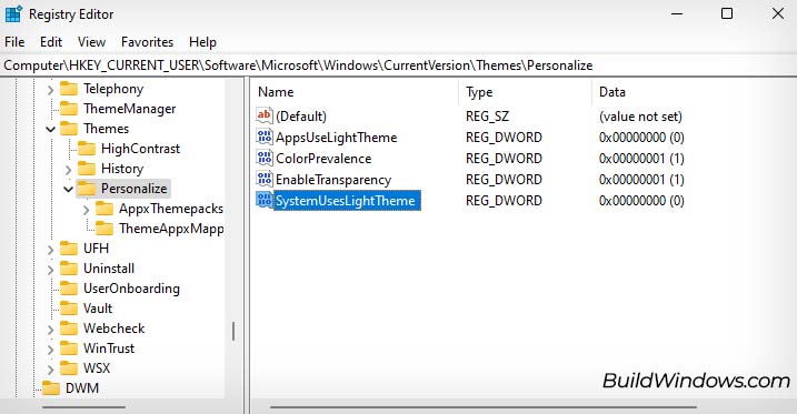 systemuseslighttheme registry entry