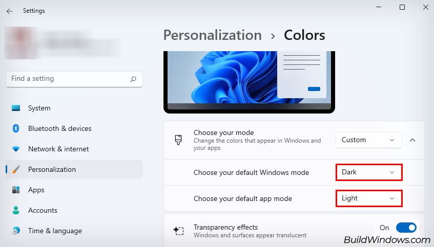 windows settings color custom mode
